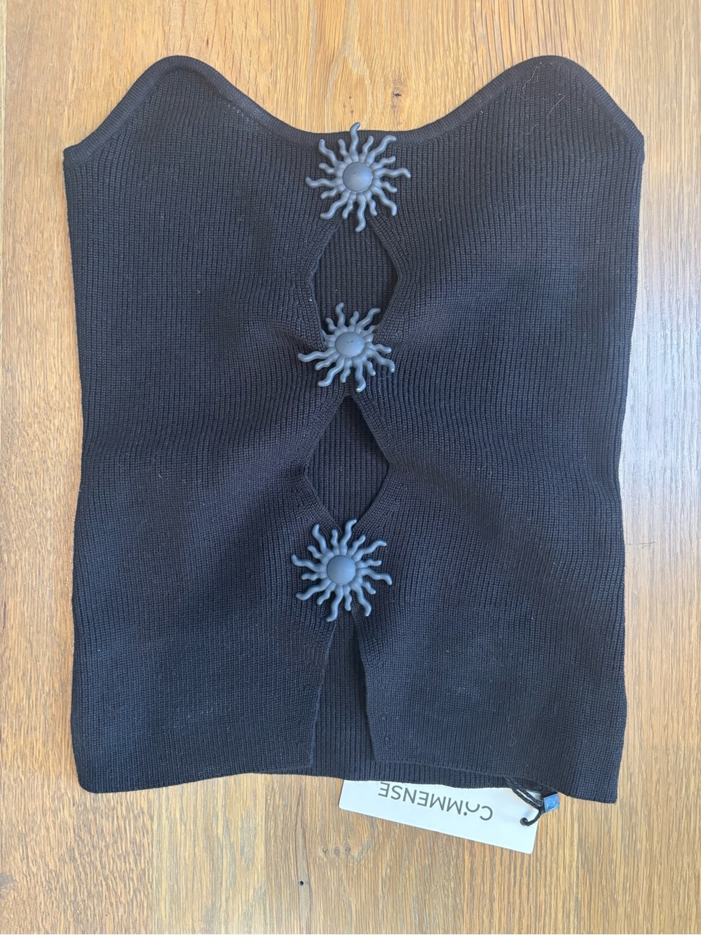 C/MEO COLLECTIVE Black Strapless Knit Top with Sun Buttons